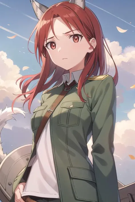 minnadietlindewilcke, <lora:minna dietlinde wilcke anime-lora-nochekaiser:1>,
minna dietlinde wilcke, long hair, (red eyes:1.3), animal ears, red hair, wolf ears, wolf tail, wolf girl,
BREAK uniform, military, military uniform,
BREAK outdoors, ship, ocean, sun, sky, clouds,
BREAK looking at viewer, (cowboy shot:1.5),
BREAK <lyco:GoodHands-beta2:1>, (masterpiece:1.2), best quality, high resolution, unity 8k wallpaper, (illustration:0.8), (beautiful detailed eyes:1.6), extremely detailed face, perfect lighting, extremely detailed CG, (perfect hands, perfect anatomy),