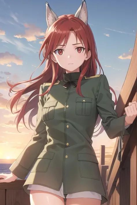 minnadietlindewilcke, <lora:minna dietlinde wilcke anime-lora-nochekaiser:1>,
minna dietlinde wilcke, long hair, (red eyes:1.3), animal ears, red hair, wolf ears, wolf tail, wolf girl,
BREAK uniform, military, military uniform,
BREAK outdoors, ship, ocean, sun, sky, clouds,
BREAK looking at viewer, (cowboy shot:1.5),
BREAK <lyco:GoodHands-beta2:1>, (masterpiece:1.2), best quality, high resolution, unity 8k wallpaper, (illustration:0.8), (beautiful detailed eyes:1.6), extremely detailed face, perfect lighting, extremely detailed CG, (perfect hands, perfect anatomy),