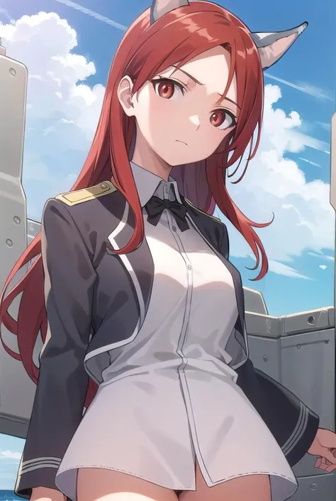 minnadietlindewilcke, <lora:minna dietlinde wilcke anime-lora-nochekaiser:1>,
minna dietlinde wilcke, long hair, (red eyes:1.3), animal ears, red hair, wolf ears, wolf tail, wolf girl,
BREAK uniform, military, military uniform,
BREAK outdoors, ship, ocean, sun, sky, clouds,
BREAK looking at viewer, (cowboy shot:1.5),
BREAK <lyco:GoodHands-beta2:1>, (masterpiece:1.2), best quality, high resolution, unity 8k wallpaper, (illustration:0.8), (beautiful detailed eyes:1.6), extremely detailed face, perfect lighting, extremely detailed CG, (perfect hands, perfect anatomy),