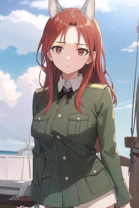 minnadietlindewilcke, <lora:minna dietlinde wilcke anime-lora-nochekaiser:1>,
minna dietlinde wilcke, long hair, (red eyes:1.3), animal ears, red hair, wolf ears, wolf tail, wolf girl,
BREAK uniform, military, military uniform,
BREAK outdoors, ship, ocean, sun, sky, clouds,
BREAK looking at viewer, (cowboy shot:1.5),
BREAK <lyco:GoodHands-beta2:1>, (masterpiece:1.2), best quality, high resolution, unity 8k wallpaper, (illustration:0.8), (beautiful detailed eyes:1.6), extremely detailed face, perfect lighting, extremely detailed CG, (perfect hands, perfect anatomy),