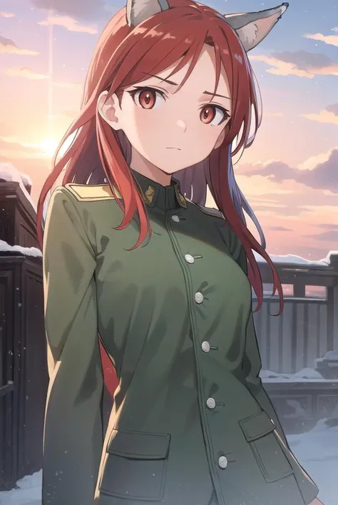 minnadietlindewilcke, <lora:minna dietlinde wilcke anime-lora-nochekaiser:1>,
minna dietlinde wilcke, long hair, (red eyes:1.3), animal ears, red hair, wolf ears, wolf tail, wolf girl,
BREAK uniform, military, military uniform,
BREAK outdoors, ship, ocean, sun, sky, clouds,
BREAK looking at viewer, (cowboy shot:1.5),
BREAK <lyco:GoodHands-beta2:1>, (masterpiece:1.2), best quality, high resolution, unity 8k wallpaper, (illustration:0.8), (beautiful detailed eyes:1.6), extremely detailed face, perfect lighting, extremely detailed CG, (perfect hands, perfect anatomy),