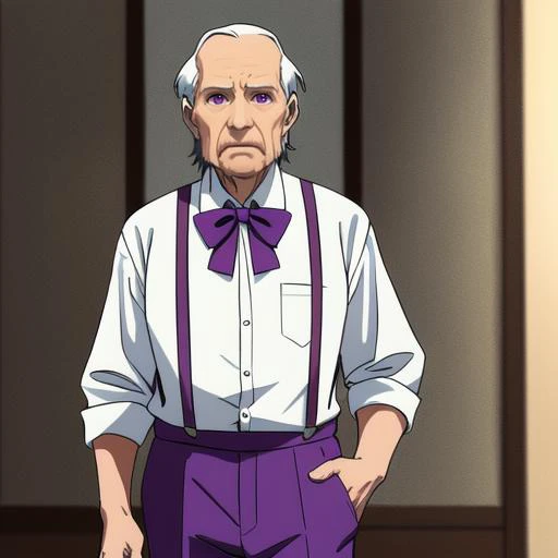 <lora:suspenders_v1:0.5>, suspenders, purple pants, old man, bow