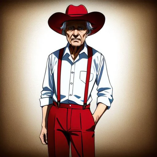 <lora:suspenders_v1:0.5>, suspenders, red pants, old man, bow, cowboy hat