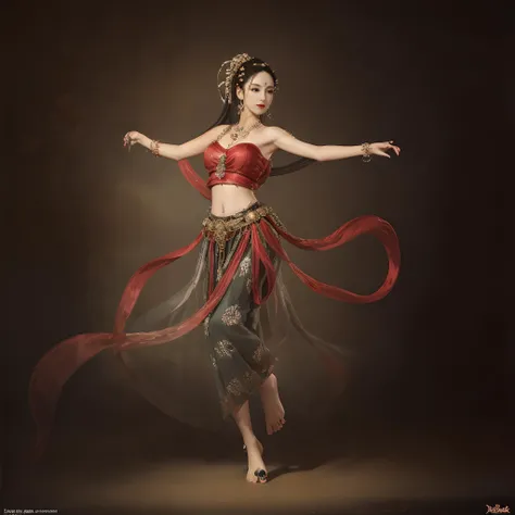 (masterpiece, top quality, best quality, official art, beautiful and aesthetic:1.2),(8k, best quality, masterpiece:1.2),CGguofengfeitianswa, 1girl, midriff, black hair, dancing, jewelry, navel, long hair, hair ornament, solo, barefoot, bare shoulders, realisticï¼<lora:CGguofengfeitianswa:0.6>