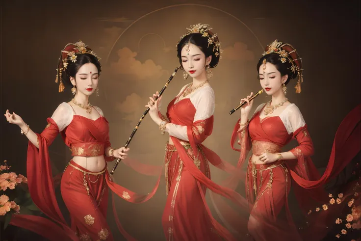 (masterpiece, top quality, best quality, official art, beautiful and aesthetic:1.2),(8k, best quality, masterpiece:1.2), CGguofengfeitianswa, music, instrument, playing instrument, 3girls, black hair, flute, holding instrument, jewelry, closed eyes, flower, long sleeves, holding, cloud, hair ornament, red lips, necklace, hair bun, earringsï¼<lora:CGguofengfeitianswa:0.5>