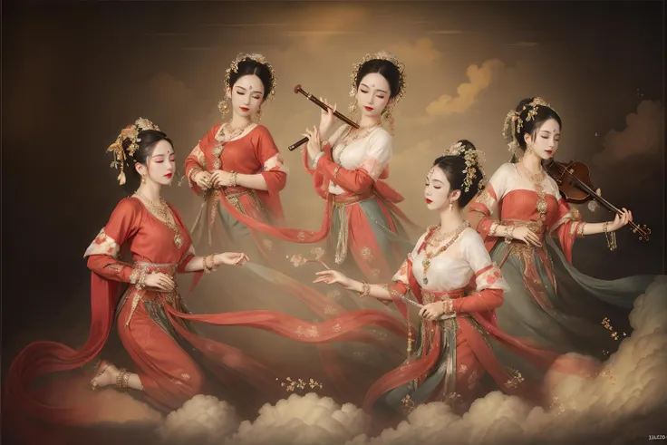 (masterpiece, top quality, best quality, official art, beautiful and aesthetic:1.2),(8k, best quality, masterpiece:1.2), CGguofengfeitianswa, music, instrument, multiple girls, playing instrument, 3girls, black hair, flute, holding instrument, jewelry, closed eyes, flower, long sleeves, holding, cloud, hair ornament, red lips, necklace, hair bun, earringsï¼<lora:CGguofengfeitianswa:0.5>