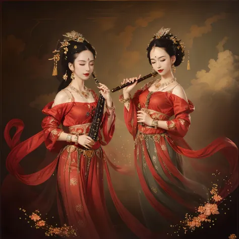 (masterpiece, top quality, best quality, official art, beautiful and aesthetic:1.2),(8k, best quality, masterpiece:1.2), CGguofengfeitianswa, multiple girls,, instrument, playing instrument, black hair, flute, holding instrument, jewelry, closed eyes, flower, long sleeves, holding, cloud, hair ornament, red lips, necklace, hair bun, earringsï¼<lora:CGguofengfeitianswa:0.6>