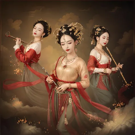 (masterpiece, top quality, best quality, official art, beautiful and aesthetic:1.2),(8k, best quality, masterpiece:1.2), CGguofengfeitianswa, 3girls, instrument, playing instrument, black hair, flute, holding instrument, jewelry, closed eyes, flower, long sleeves, holding, cloud, hair ornament, red lips, necklace, hair bun, earringsï¼<lora:CGguofengfeitianswa:0.6>