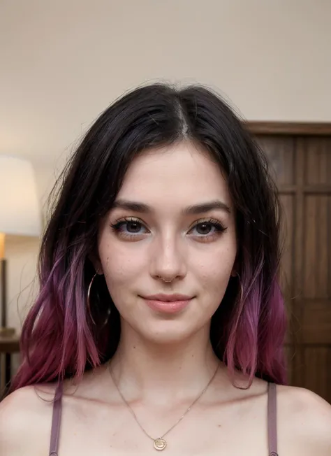 RAW Photo, DSLR, professional color graded, BREAK (closeup) portrait photograph of natal13st0ne woman, purple hair, smile, wearing button up shirt, in hotel lobby, sharp focus, HDR, 8K resolution, intricate detail, sophisticated detail, depth of field, analogue RAW DSLR, photorealistic, looking at viewer, <lora:natal13st0ne:0.75>, <lora:detailed_eye:0.8>,