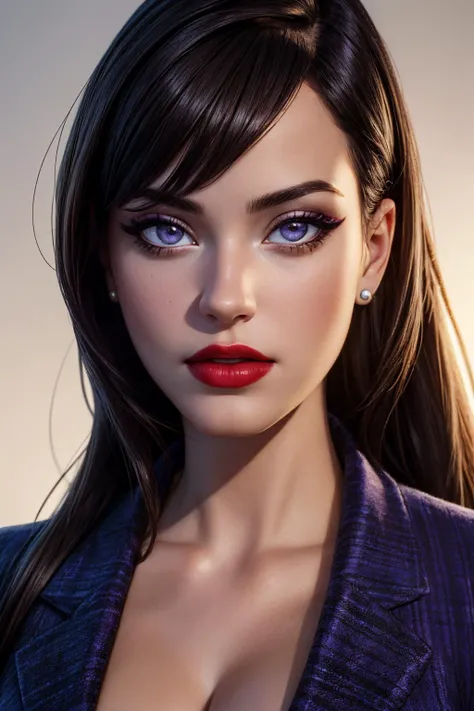 (ultra realistic,32k, masterpiece:1.2),(high detailed skin:1.1),( 8k uhd, dslr, high quality:1.1),
mature women, <lora:lois_lane-v1:0.7>l015lane,long black-brown hair, purple jacket,(bra cleavage:0.5), white skirt, (purple eyes:0.8), (red lips:0.8), makeup, mascara,, , <lora:add_detail:0.85>, (huge breast:1.1),
(looking at viewer, portrait:1.1),,(upper body:1.2),
,(radiant:1.1), blank background
