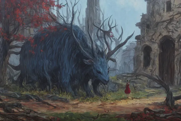 masterpiece, best quality, highres, 8k, <lora:GiantAnimal:0.8> oversized rat, 1girl, size difference, demonic, evil, field background <lora:RFKTR's Nightmare Creaturae:0.8> rfcreaturae
