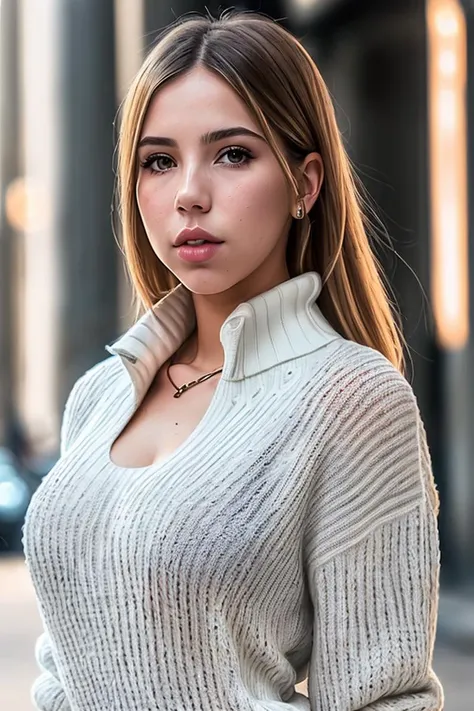 a face picture of VanessaB_T_V2-600 (with grey sweater:1.2), ((front view)) ,red lips ,and a (close up:1.3) long haircut, pale skin, slim body, background is city ruins, (high detailed skin:1.2), 8k uhd, dslr, soft lighting, high quality, film grain, Fujifilm XT3