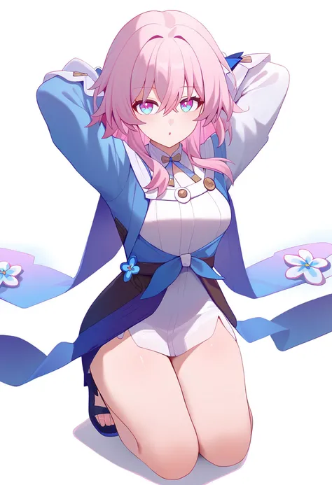 score_9,march 7th \(honkai star rail\),1girl,solo,looking at viewer,long sleeves,blue jacket,white shirt,black chokerkneeling, arms behind head, seiza,solo,looking at viewer,flower,full body,simple background,white background,score_9,<lora:pony_char_march_7th_(honkai_star_rail)-000006:1>