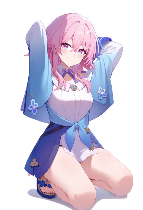score_9,march 7th \(honkai star rail\),1girl,solo,looking at viewer,long sleeves,blue jacket,white shirt,black chokerkneeling, arms behind head, seiza,solo,looking at viewer,flower,full body,simple background,white background,score_9,<lora:pony_char_march_7th_(honkai_star_rail)-000006:1>