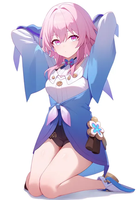 score_9,march 7th \(honkai star rail\),1girl,solo,looking at viewer,long sleeves,blue jacket,white shirt,black chokerkneeling, arms behind head, seiza,solo,looking at viewer,flower,full body,simple background,white background,score_9,<lora:pony_char_march_7th_(honkai_star_rail)-000006:1>