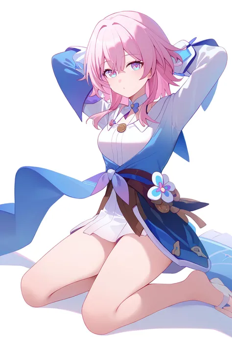 score_9,march 7th \(honkai star rail\),1girl,solo,looking at viewer,long sleeves,blue jacket,white shirt,black chokerkneeling, arms behind head, seiza,solo,looking at viewer,flower,full body,simple background,white background,score_9,<lora:pony_char_march_7th_(honkai_star_rail)-000006:1>