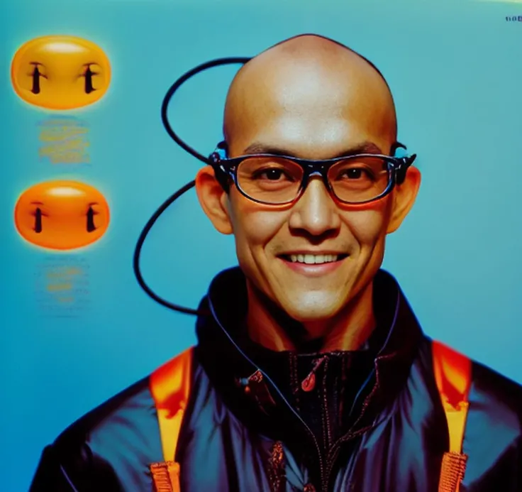 y2k aesthetic <lora:y2kaesthetic:0.9> a man with a bald head and a smile on his face, teal background, black jacket, orange glasses
