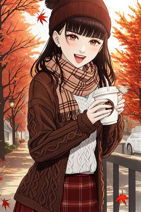 1girl, (\:d:1.0) autumn leaves, bangs, black headwear, blurry background, blush, brown eyes, brown hair, brown scarf, brown skirt, cardigan, coffee, cowboy shot, cup, disposable cup, drink, falling leaves, beanie, holding, holding drink, leaf, long hair, long sleeves, looking at viewer, open cardigan, open mouth, plaid, plaid skirt, puffy long sleeves, red sweater, scarf, shirt, shirt tucked in, sidelocks, skirt, smile, solo, sweater, white shirt, extremely detailed, intricate, masterpiece, absurdres