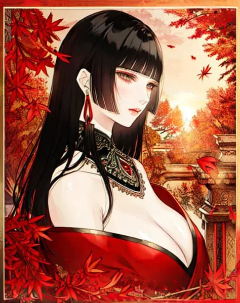 <lora:satsuki_kei-style-v1:1>, masterpiece, detailed illustration, woman, autumn, leaves, sunset