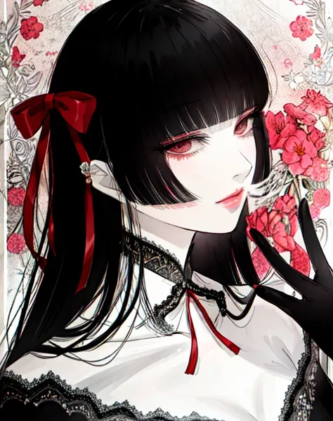 <lora:Satsuki Kei Style:1>, masterpiece, portrait, smoke, satsuki kei, frills, gloves, 4k, illustration, flowers