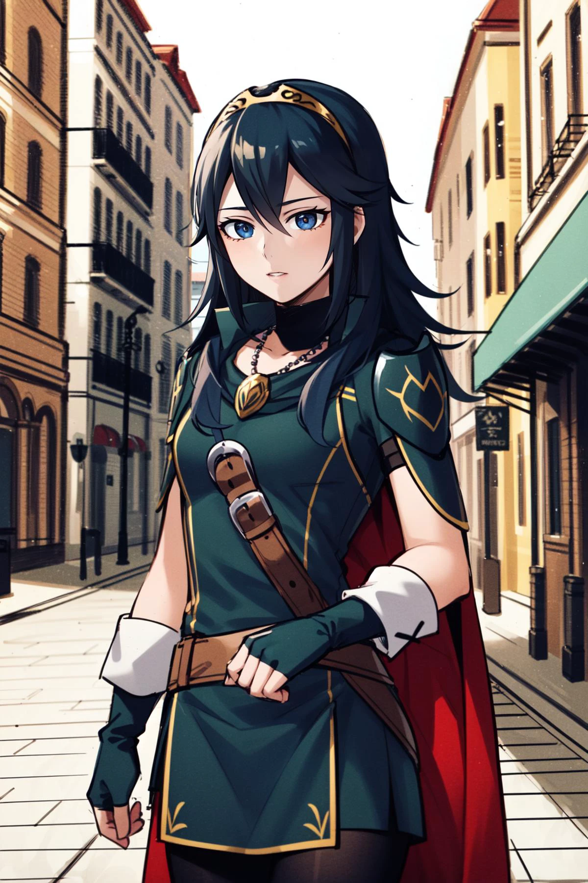(masterpiece, best quality), intricate details,
1girl, <lora:lucina-03:0.8> 1girl, blue hair, blue eyes, solo, tiara, hair between eyes, fingerless gloves, armor, cape, necklace, mature female,
outdoors, city, street, buildings, fantasy,