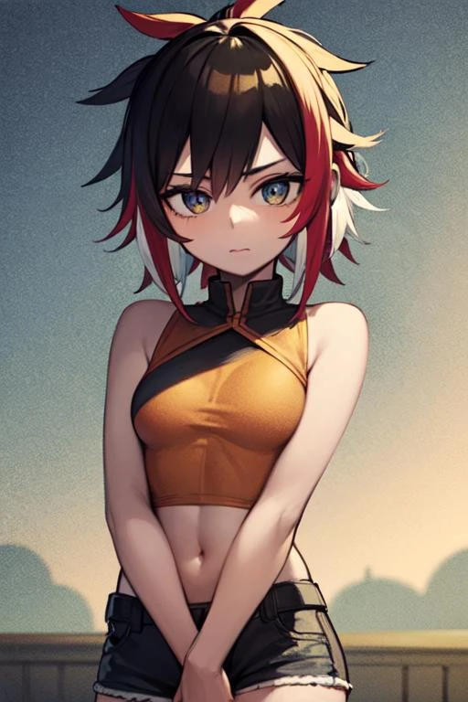 best quality, anime, 2d, beautiful eyes, detailed face,beautiful detailed, human body ratio, detail description of face, sunshine,
BREAK
, (1girl:1.2), (solo:1.2),corn_yellow hair, red_dirt eyes, (multicolored hair:1.3), messy hair, (small breasts:1.2), (little short:1.2), skinny, road, egyptian mythology, tight_pants, samurai