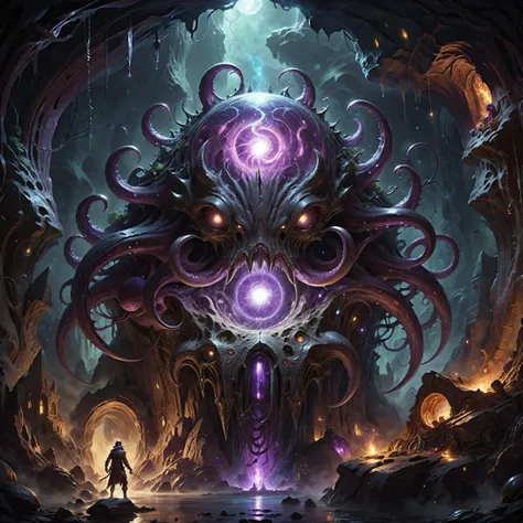<lora:xl_more_art-full-xl:0.6>, <lora:add-detail-xl:2.0>, <lora:style-envyarcanexl01-xl:0.4>, arcane, <lora:style-envyawesomizexl01-xl:0.4>, awesomize, <lora:style-envyfantasticxl01-xl:0.8>, fantastic, <lora:style-envyprimordialxl01-xl:0.8>, primordial, <lora:style-envymagicalxl01-xl:0.4>, magical, famous artwork (by ben wootten:1.4), detailed expressive eyes, fantasy style, deep within the underground caves of the first moon of planet obershlorm iv, the bioluminescent suspicious glumwhisk may be found which resembles a hybrid of the primordial crested chaossack and the majestic chrome boulderbonker, similar to the gaseous bogwibble it uses its plum flexible tentacles to traverse the downhippered cave walls with frondling grace, leaving behind trails of softly glowing patterns, ultra high detail, ultra realistic, 8k
