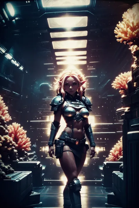 awesomize, photograph, 1girl, woman, scifi, solarpunk,traditional Chinese futurism, elf, space salvager, full body, wearing skin-tight uniform, bombshell hair, silver hair, Dreadlocks, slim figure, narrow waist, tight ass, small breasts, (african, dark skin:0.6), (well-lit interior, in a Thematic Coral reef:1.3)<lora:EnvyAwesomizeXL01:2>