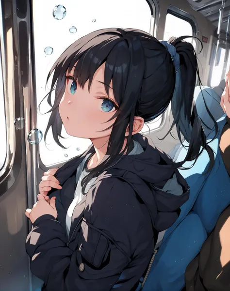 score_9, score_8_up, score_7_up,score_6_up, 1girl , woman, black hair, ponytail, jacket,bubbles floating, train interior, 
<lora:kuromotokun_style_pony6_v2-000036:1>