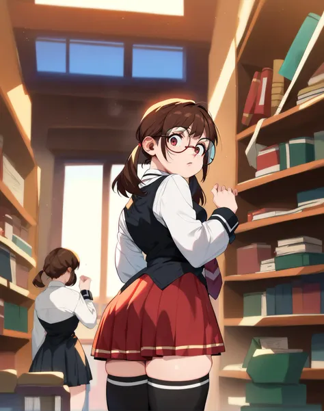 score_9, score_8_up, score_7_up,score_6_up, a girl in a library, from behind, looking back, round eyewear, freckles, low twintails, brown hair, 
<lora:kuromotokun_style_pony6_v2-000036:1>  <lora:bible_black_uniform_xl_v3:1> school uniform, white shirt, black vest, black thighhighs, red skirt, red necktie