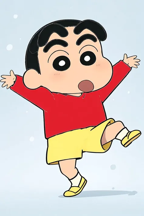 masterpiece,highres,high quality,extremely detailed,solo,bubble_background,<lora:Shin-chan001:0.7>,open mouth,Shin-chan,1malechild,red shirt,long sleeves,yellow shorts,full body,standing,arms up,open hands,outstretched arms,standing on one leg,legs apart,spread arms,dancing,