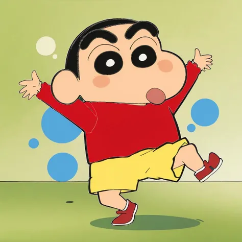 masterpiece,highres,high quality,extremely detailed,solo,bubble_background,
<lora:Shin-chan001:0.7>,open mouth,
Shin-chan,1malechild,
red shirt,long sleeves,
yellow shorts,
full body,standing,arms up,open hands,outstretched arms,standing on one leg,legs apart,spread arms,dancing,