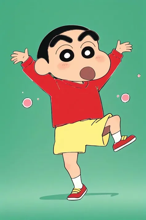 masterpiece,highres,high quality,extremely detailed,solo,bubble_background,<lora:Shin-chan001:0.7>,open mouth,Shin-chan,1malechild,red shirt,long sleeves,yellow shorts,full body,standing,arms up,open hands,outstretched arms,standing on one leg,legs apart,spread arms,dancing,