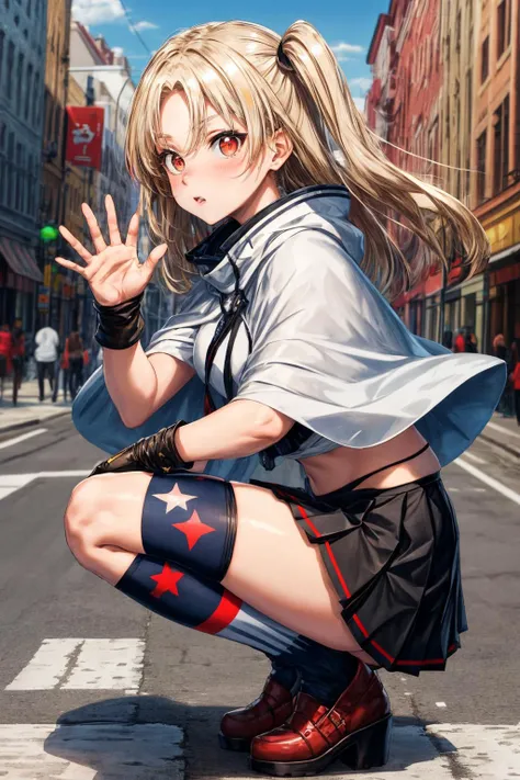 (masterpiece), best quality, (((ultra detailed, 8k quality))), expressive eyes, perfect face, perfect anatomy, perfect body, scene, <lora:scene_:0.7>,  <lora:more_details:0.7>, <lora:beautiful_detailed_eyes:0.5>, <lora:GoodHands-beta2:0.7>, <lora:give_it_a_name:0.7>,
,blonde_hair,long_hair,one_side_up,red_eyes,bangs,american_flag_legwear,black_gloves,fingerless_gloves,multicolored_legwear,pleated_skirt,skirt,socks,white_capelet,black_skirt,multicolored_clothes,kneehighs,miniskirt,parted_bangs,flag_print,panties,star_\(symbol\),underwear,  <lora:cleveland:0.7>
squat, from side, waving hads, sreet, town, road, road maker, against a wall