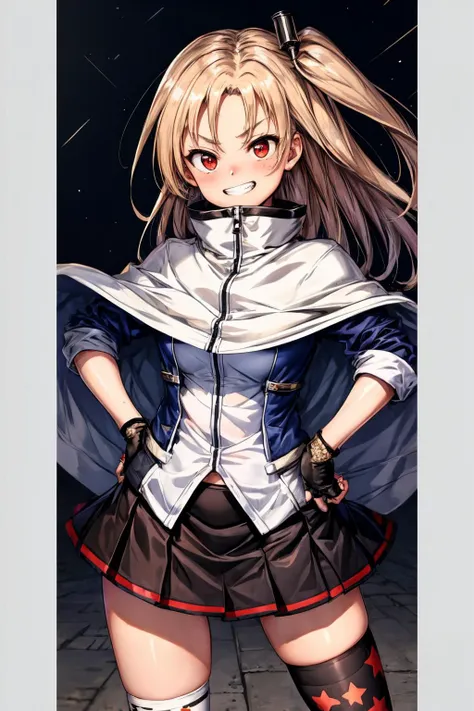 (masterpiece), best quality, (((ultra detailed, 8k quality))), expressive eyes, perfect face, perfect anatomy, perfect body, scene, <lora:scene_:0.7>, <lora:more_details:0.7>, <lora:beautiful_detailed_eyes:0.5>, <lora:GoodHands-beta2:0.7>, <lora:give_it_a_name:0.7>,
,blonde_hair,long_hair,one_side_up,red_eyes,bangs,american_flag_legwear,black_gloves,fingerless_gloves,multicolored_legwear,pleated_skirt,skirt,socks,white_capelet,black_skirt,multicolored_clothes,kneehighs,miniskirt,grin,parted_bangs,flag_print,panties,star_\(symbol\),underwear,<lora:cleveland>, street, night, hand on hips, <lora:cleveland:1>