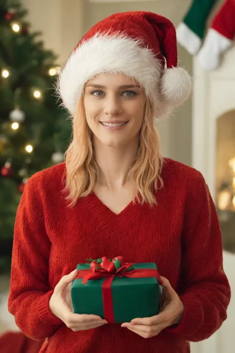 face shot, red ugly sweater, red Santa hat, cozy room, holding a Christmas gift, sweet smile, soft colors, bokeh, masterpiece, high quality, (high detailed skin:1.1)
 <lora:mariette_br2049_lora_v01:0.85> mar1ette