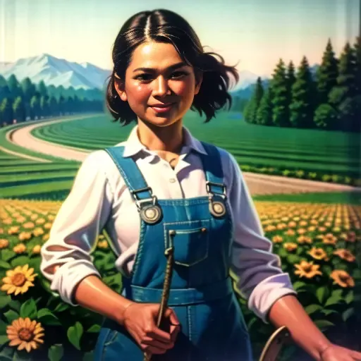 (best quality, masterpiece:1.2), photorealistic, ultra high res, front lighting, intricate detail, Exquisite details and textures, 1girl, Wearing overalls and holding a sickle, standing next to the cultivated field
<lora:hongse:1>