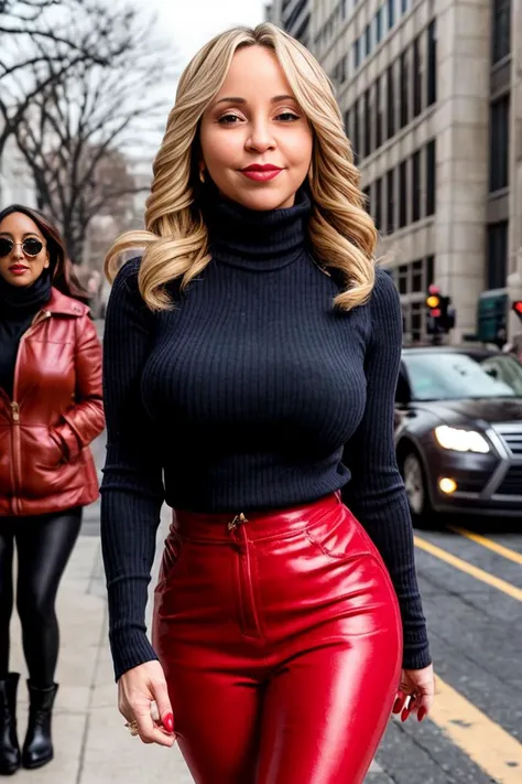 tstrong, full body, smiling, red lipstick, turtleneck, cold, leggings, cozy, arms wrapped around her body, walking outside