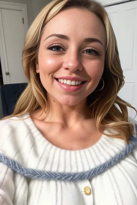 tstrong, eyeshadow, lipstick, smiling, sweater, jeans, comfortable, cold