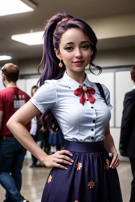 hdr, a photo of tstrong, (purple hair, ponytail), blue stripped shirt, skirt, hands on hip, posing, looking at camera,smiling, happy, indoors,standing at a anime convention, fill lighting, dramatic ambiance, extremely detailed, <lora:mlp_twilightsparkle:.9>