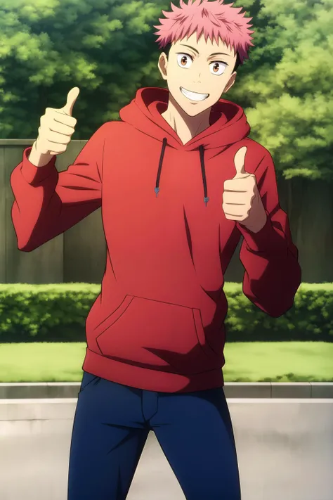 masterpiece, best quality, 1boy, itadori_yuuji, jujutsu kaisen, cowboy shot, standing, thumbs up, park, tree, looking at viewer, undercut, brown eyes, grin, casual, tight, red hoodie, blue pants,