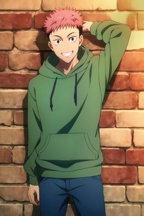 masterpiece, best quality, 1boy, itadori_yuuji, jujutsu kaisen, portrait, cowboy shot, standing, arm behind head, against wall, brick wall, looking at viewer, undercut, brown eyes, happy, grin, (green hoodie), blue pants,