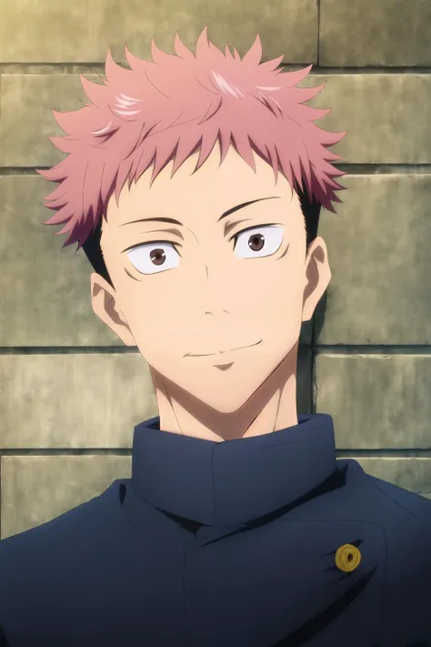 masterpiece, best quality, 1boy, itadori_yuuji, jujutsu kaisen, portrait, upper body, looking at viewer, against wall, brick wall, pink hair, undercut, brown eyes, closed mouth, light smile, (black gakuran),