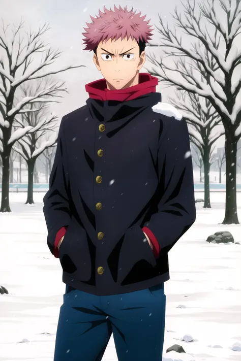 masterpiece, best quality, 1boy, solo, itadori_yuuji, jujutsu kaisen, cowboy shot, tree, winter, (snow, snowing, blizzard), looking at viewer, standing, undercut, brown eyes, annoyed, tight, black jacket, winter jacket, tight pants, hands in pockets,