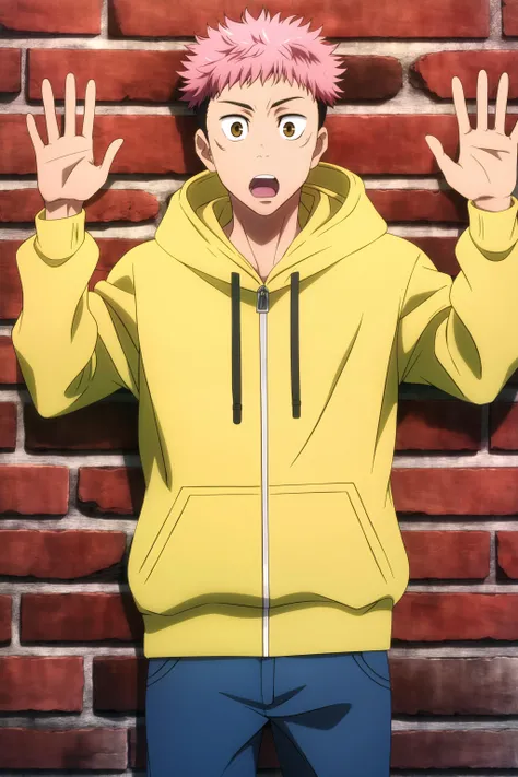 masterpiece, best quality, 1boy, itadori_yuuji, jujutsu kaisen, portrait, cowboy shot, standing, hands up, waving arms, surprised arms, against wall, brick wall, looking at viewer, pink hair, undercut, brown eyes, surprised, (yellow hooded jacket), blue pants,