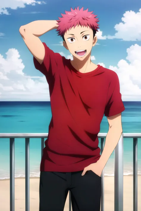 Create an image featuring a 20-year-old anime boy standing on a beach during sunset, wearing a black t-shirt. He has a mischievous , rogue and flirty smile on his face, looking forward. In the background, several girls in swimsuits are enjoying the beach, but the bg is blurry, creating a lively and playful atmosphere. The sun is setting, and the waves gently crash onto the shore, adding to the vibrant, summery scene.