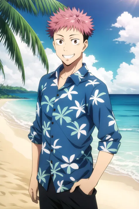 masterpiece, best quality, 1boy, solo, itadori_yuuji, jujutsu kaisen, cowboy shot, portrait, beach, palm tree, looking at viewer, standing, undercut, brown eyes, grin, (casual, print shirt, blue hawaiian shirt, black short pants),