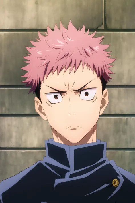 masterpiece, best quality, 1boy, itadori_yuuji, jujutsu kaisen, portrait, upper body, looking at viewer, against wall, brick wall, pink hair, undercut, brown eyes, angry, black gakuran,
