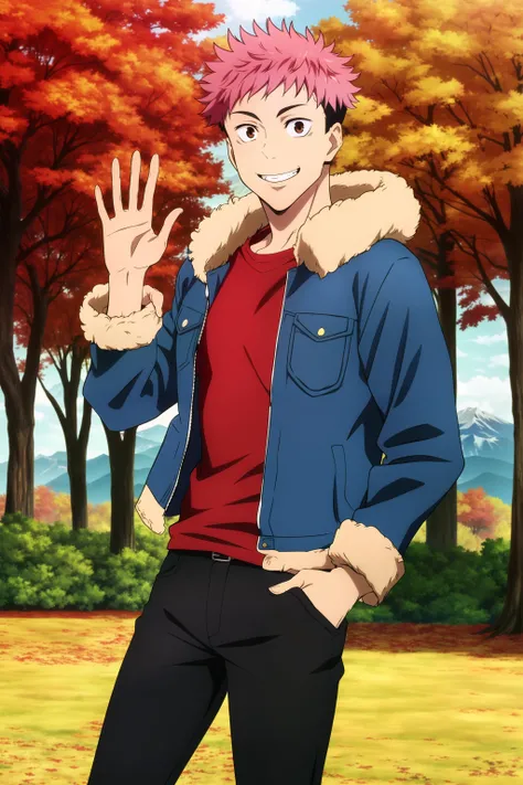 masterpiece, best quality, 1boy, solo, itadori_yuuji, jujutsu kaisen, (forest, autumn, mountain), cowboy shot, standing, (hand in pocket, hand up, waving), looking at viewer, undercut, brown eyes, grin, (casual, (tight), (blue jacket, denim jacket, fur-trimmed jacket), red t-shirt, tight black pants),