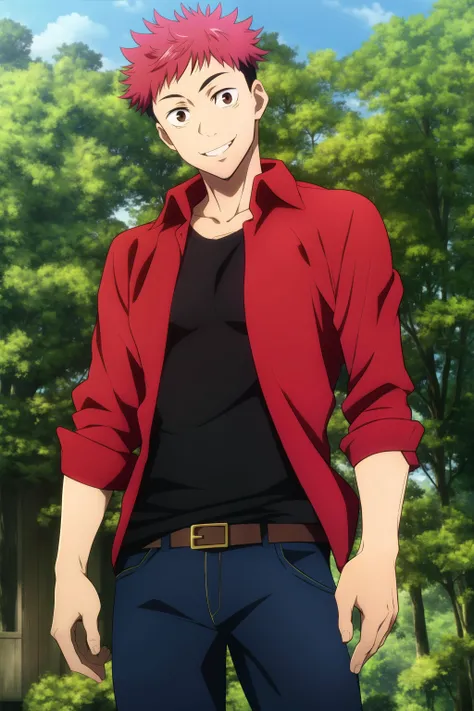 masterpiece, best quality, 1boy, solo, itadori_yuuji, jujutsu kaisen, cowboy shot, standing, head tilt, park, pine tree, looking at viewer, undercut, brown eyes, smile, (casual, (tight), layered clothes, (red collared shirt), ((open shirt)), black t-shirt), (tight pants),